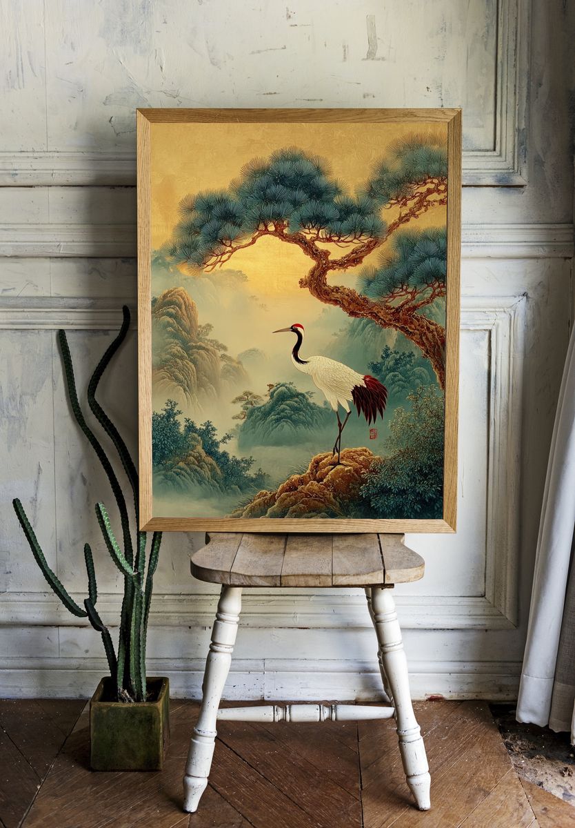 Crane in Misty Pines Illustration Poster. — room view 1