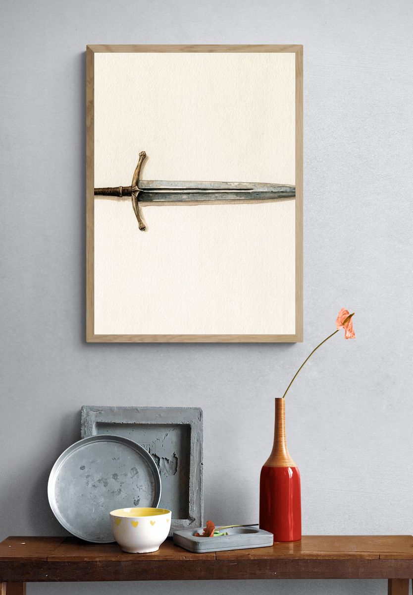 Medieval Sword Watercolor Print. — room view 3