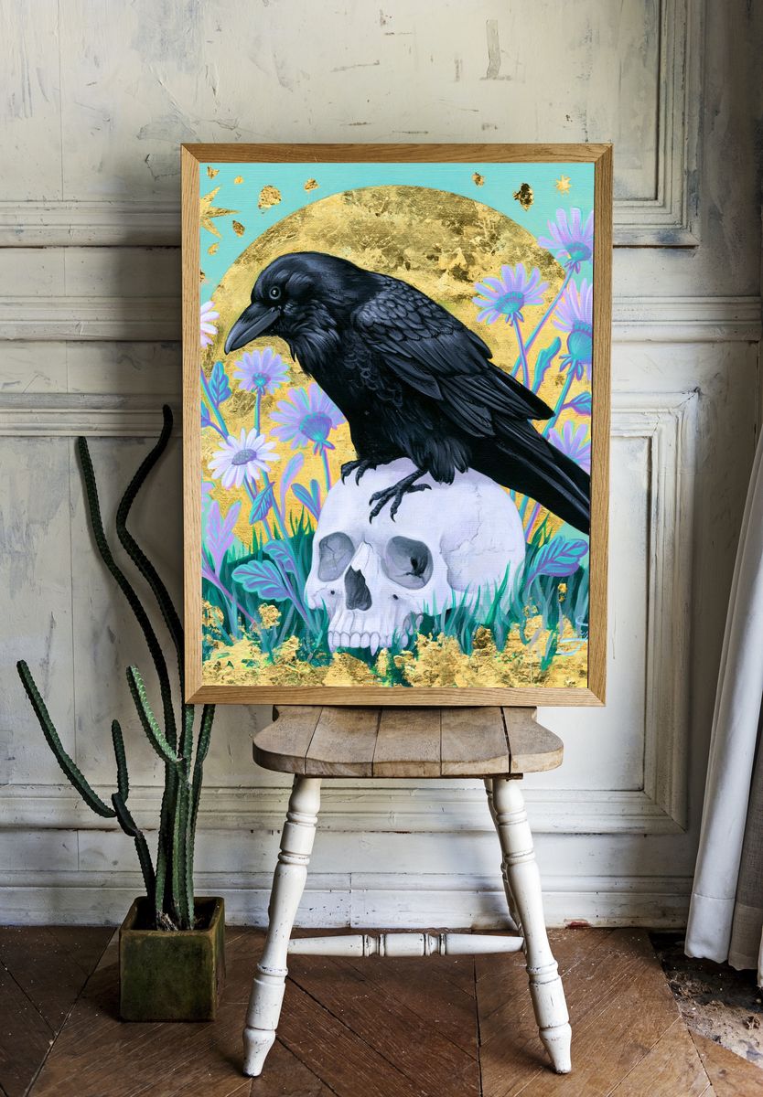 Raven on Skull Illustration Poster. — room view 1