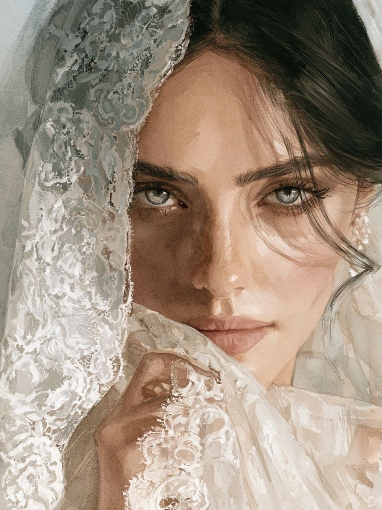 Veiled Bride Watercolor Portrait Print. poster — illustration art