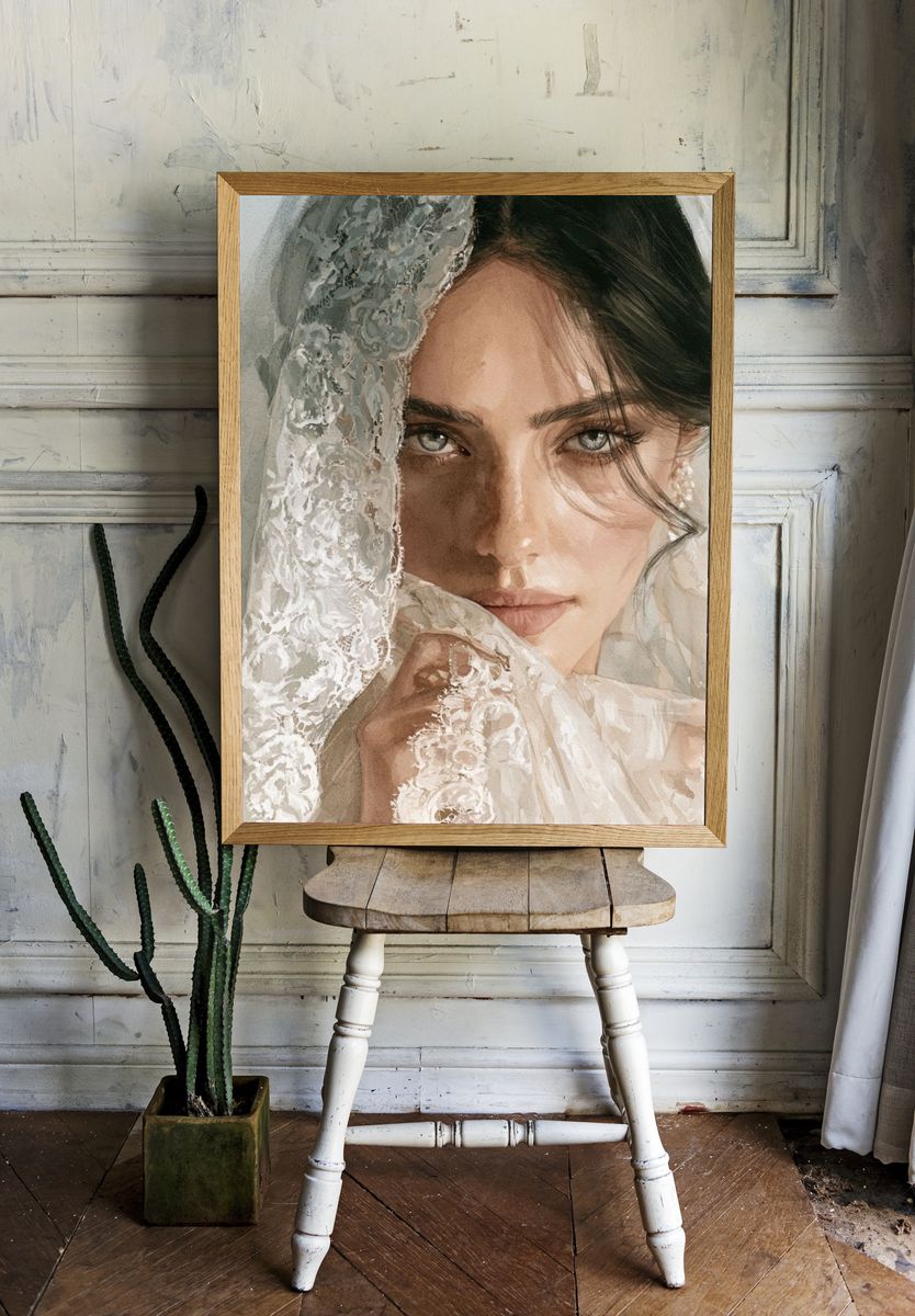 Veiled Bride Watercolor Portrait Print. room preview