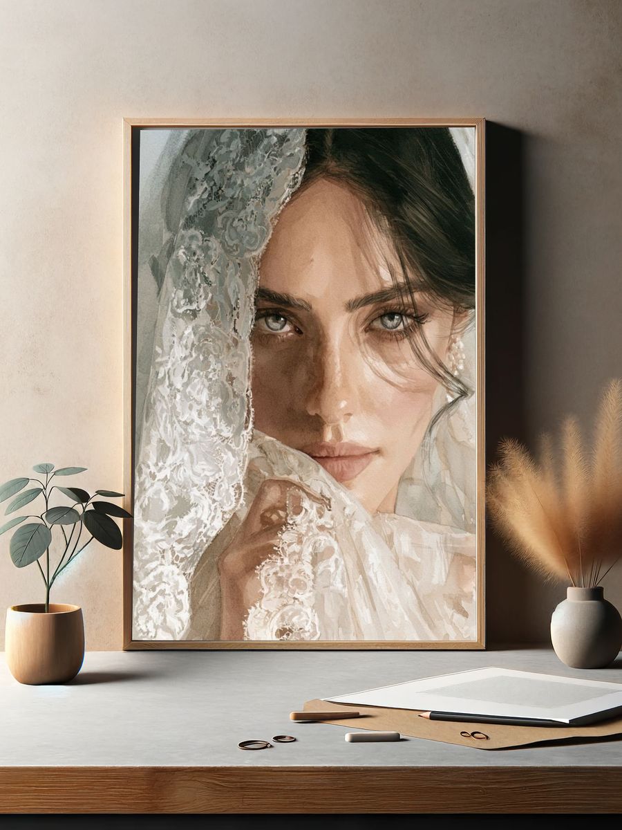 Veiled Bride Watercolor Portrait Print. — room view 2