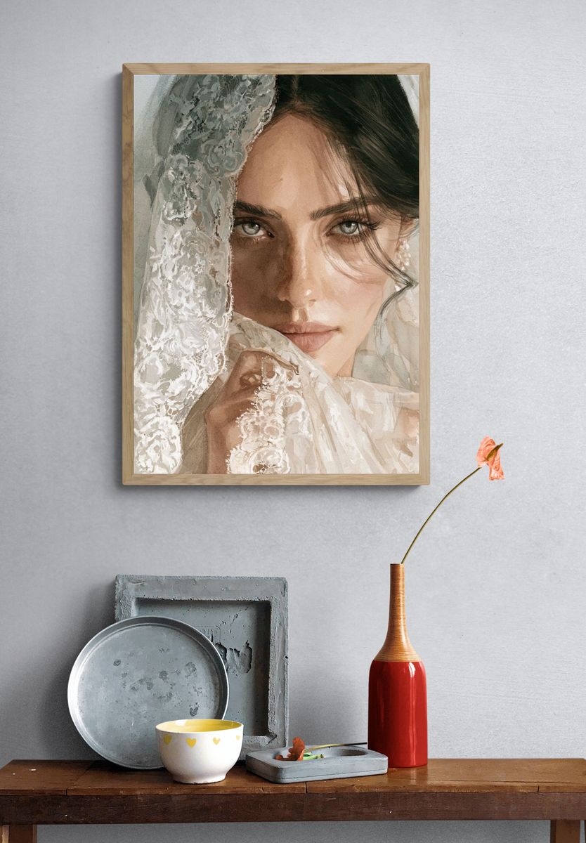 Veiled Bride Watercolor Portrait Print. — room view 3