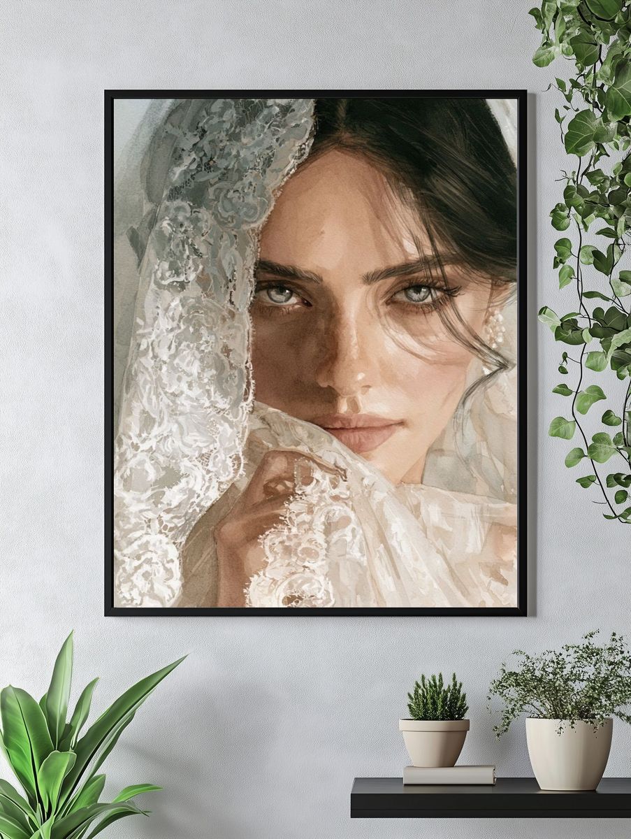 Veiled Bride Watercolor Portrait Print. — room view 4