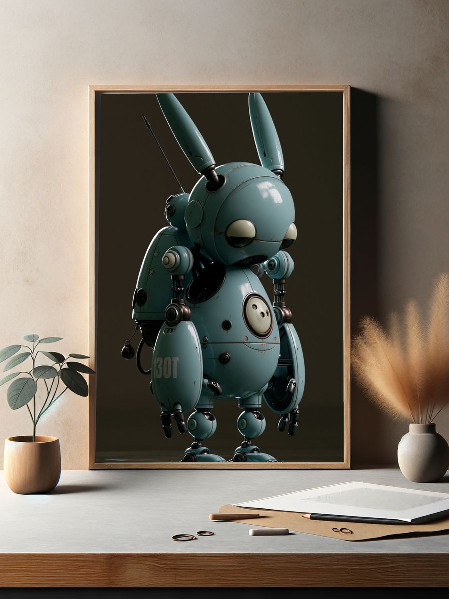 Blue Bunny Robot Illustration Poster. — room view 2