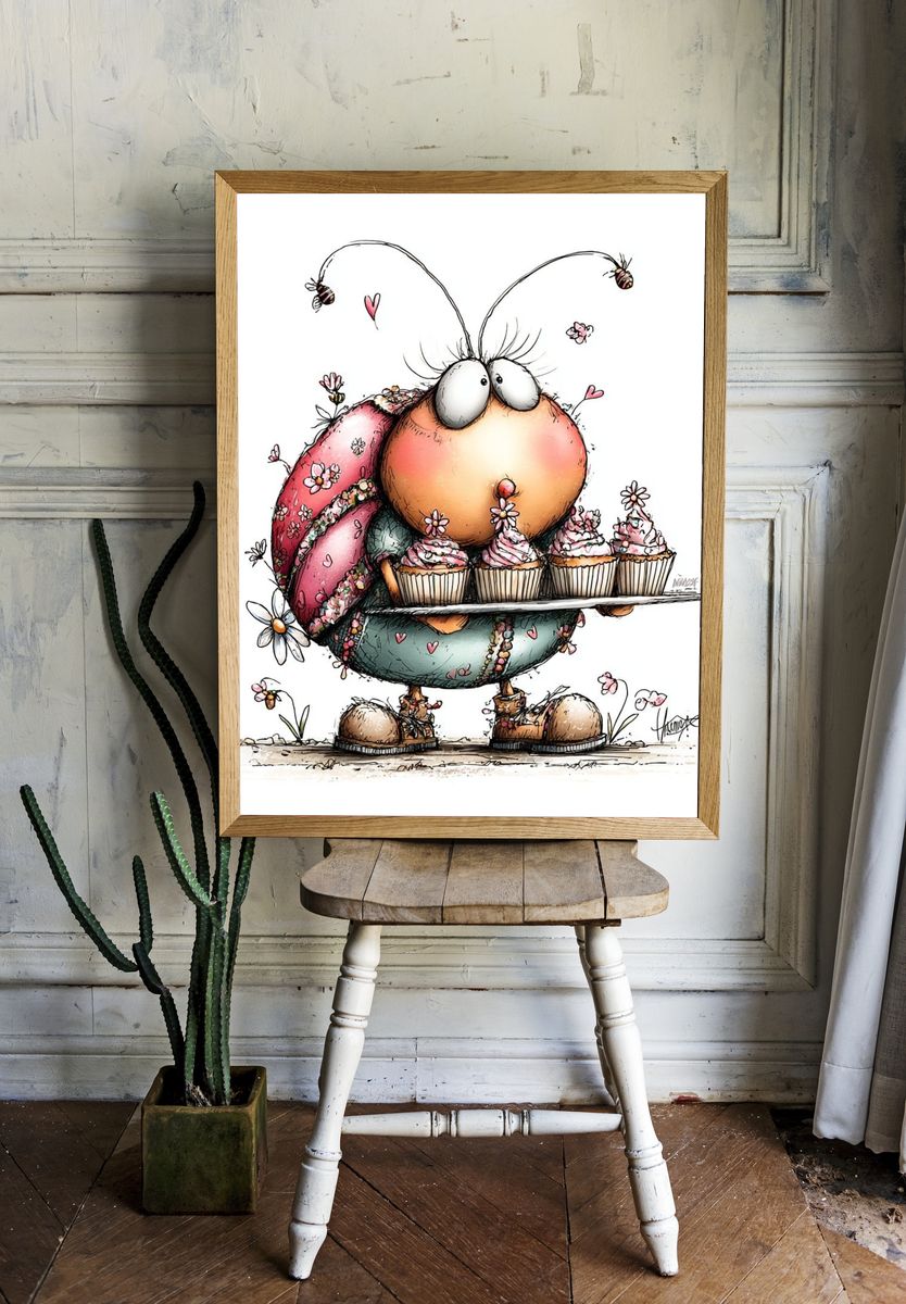 Cute Bug with Cupcakes Illustration Poster room preview
