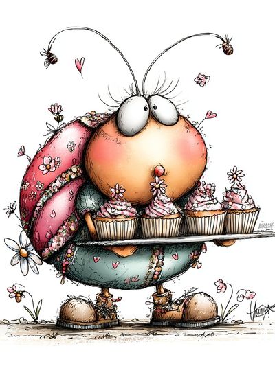Cute Bug with Cupcakes Illustration Poster. poster