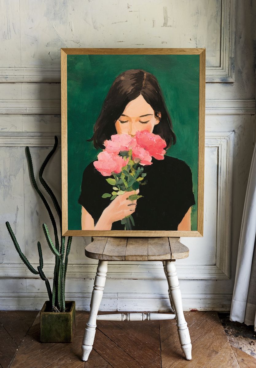 Girl with Pink Flowers Illustration Poster. — room view 1