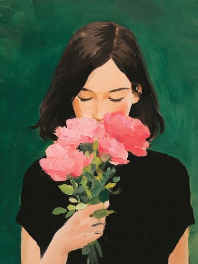 Girl with Pink Flowers Illustration Poster. poster print
