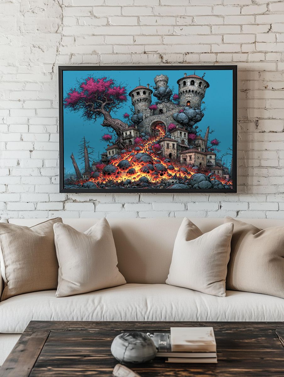 Fantasy Castle Eruption Illustration Poster. room preview