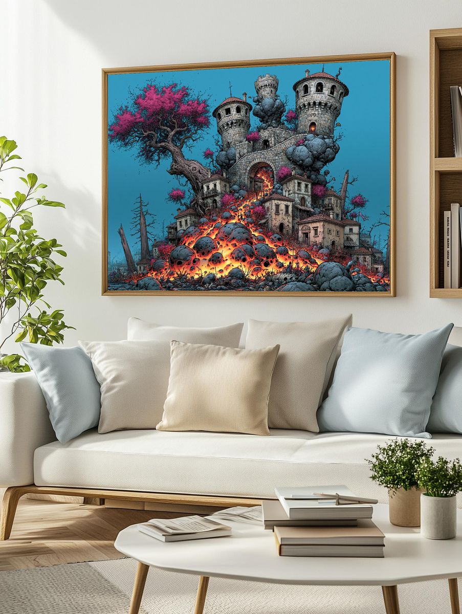 Fantasy Castle Eruption Illustration Poster. — room view 2