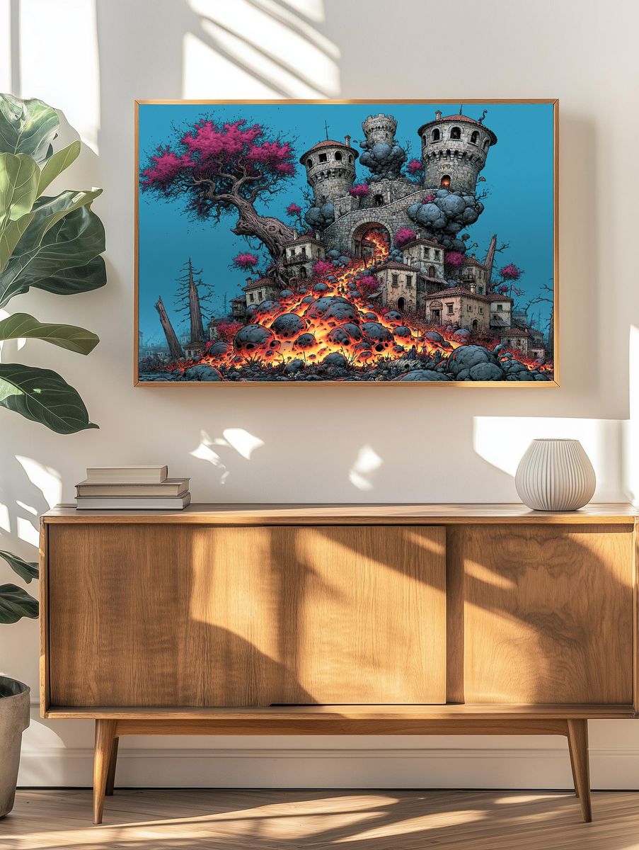 Fantasy Castle Eruption Illustration Poster. — room view 3