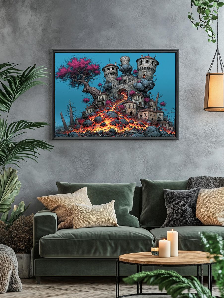 Fantasy Castle Eruption Illustration Poster. — room view 4