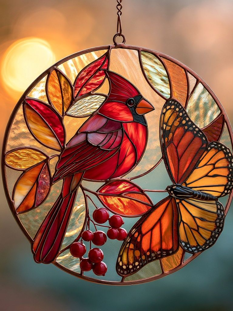 Cardinal and Butterfly Stained Glass Print. poster detail