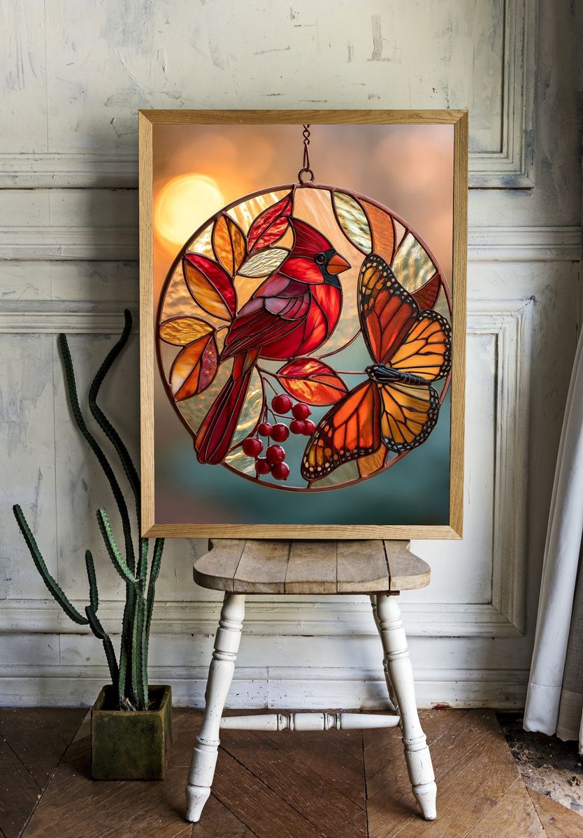 Cardinal and Butterfly Stained Glass Print. room preview