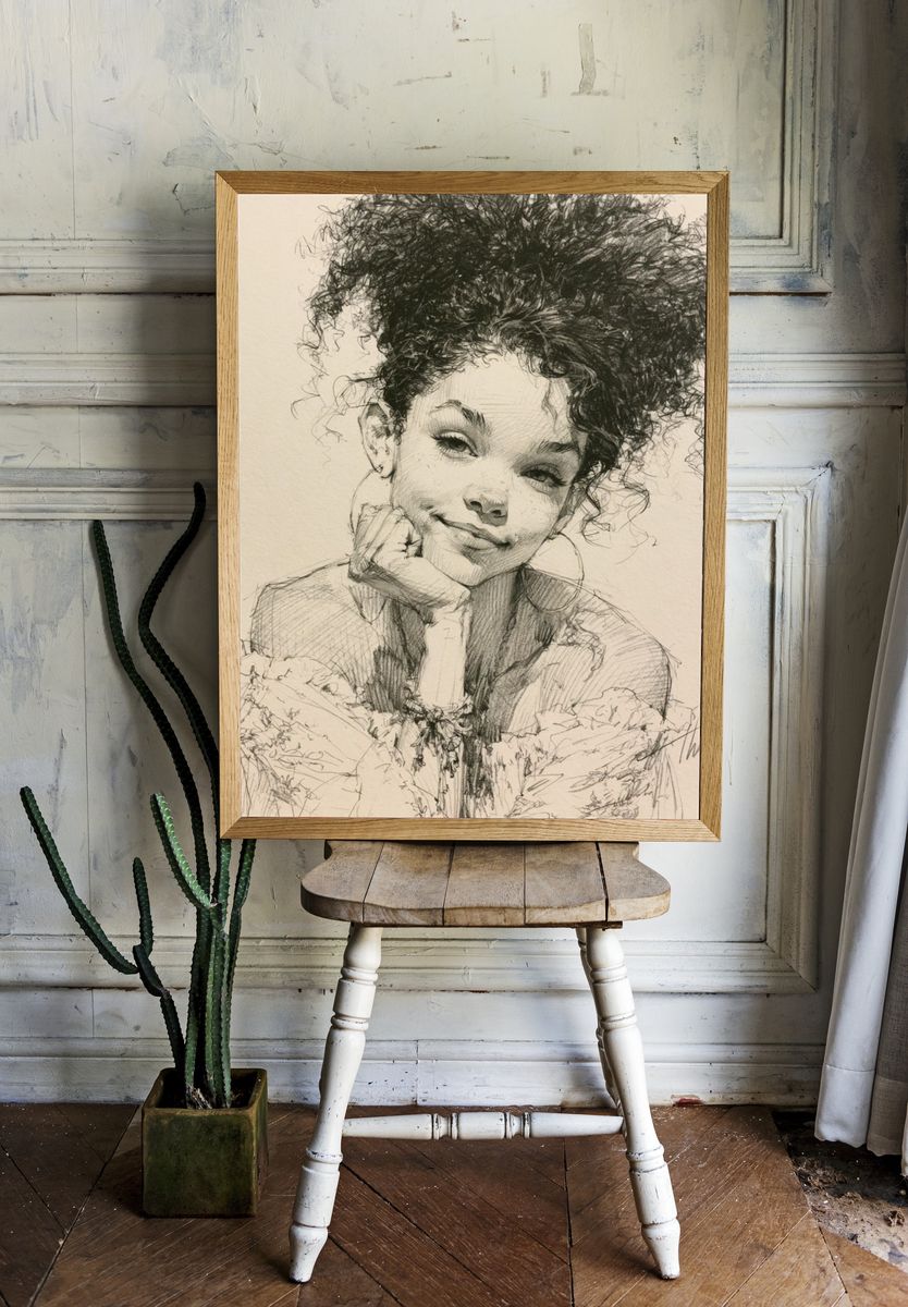 Curly Hair Portrait Illustration Poster. — room view 1
