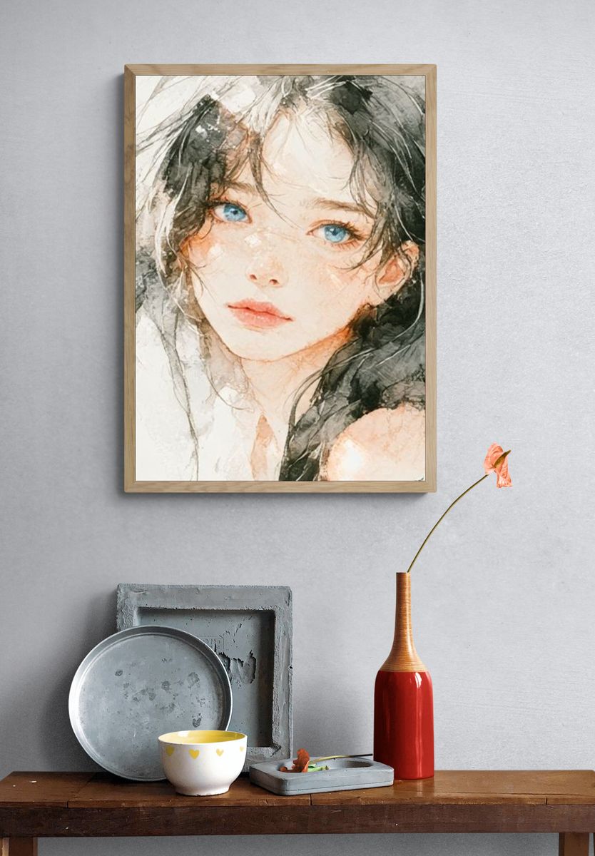 Blue-Eyed Portrait Watercolor Poster. — room view 3