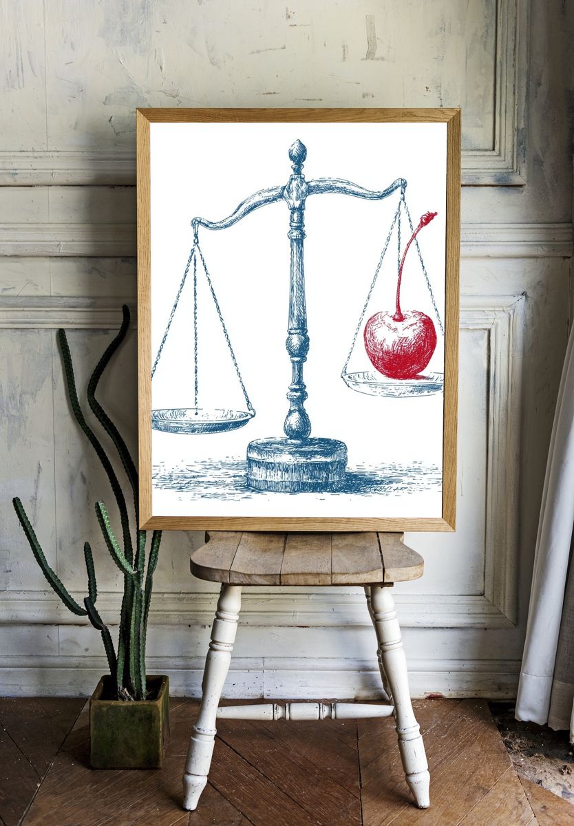 Apple on Scales Illustration Poster. — room view 1