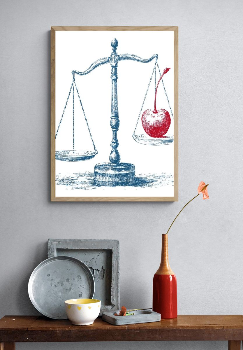 Apple on Scales Illustration Poster. — room view 3