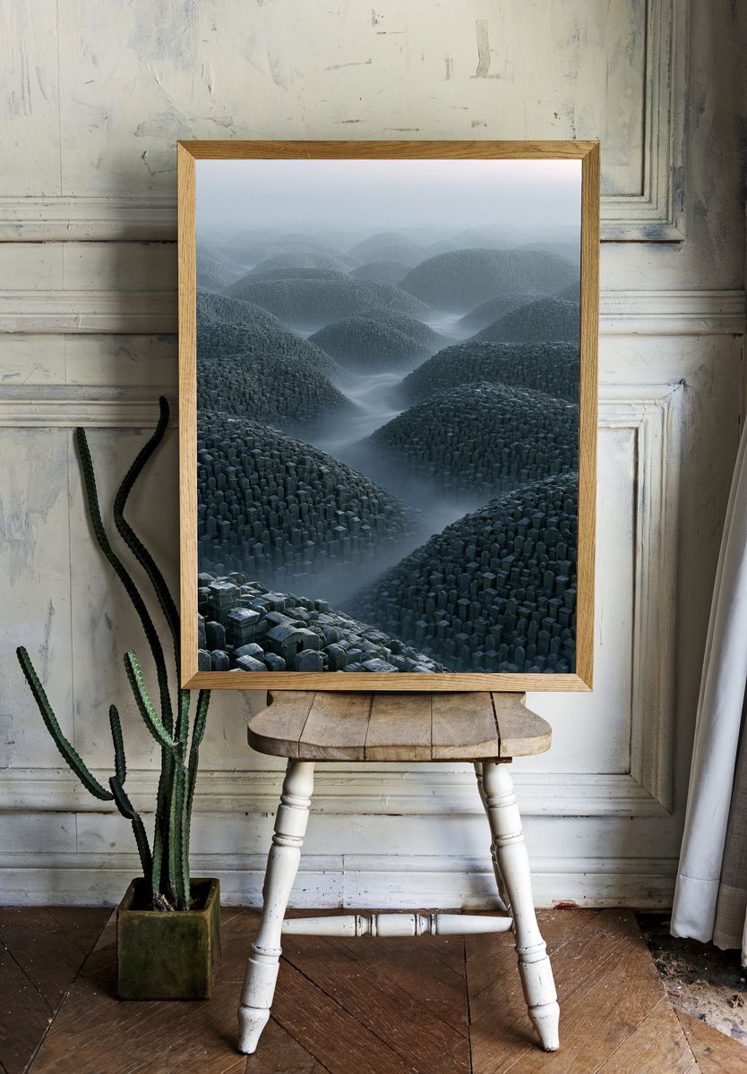Misty Stone Cityscape Illustration Poster. — room view 1
