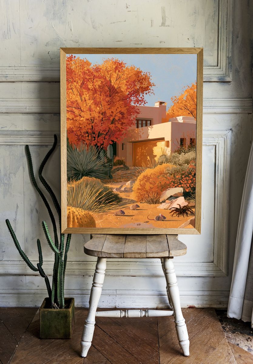 Desert Adobe Garden Illustration Poster. — room view 1