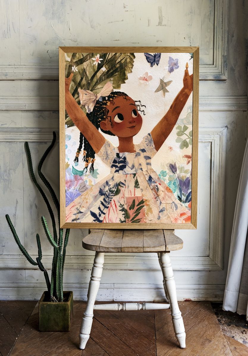 Joyful Girl in Garden Illustration Poster. — room view 1