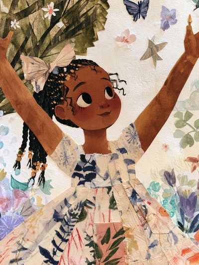 Joyful Girl in Garden Illustration Poster.