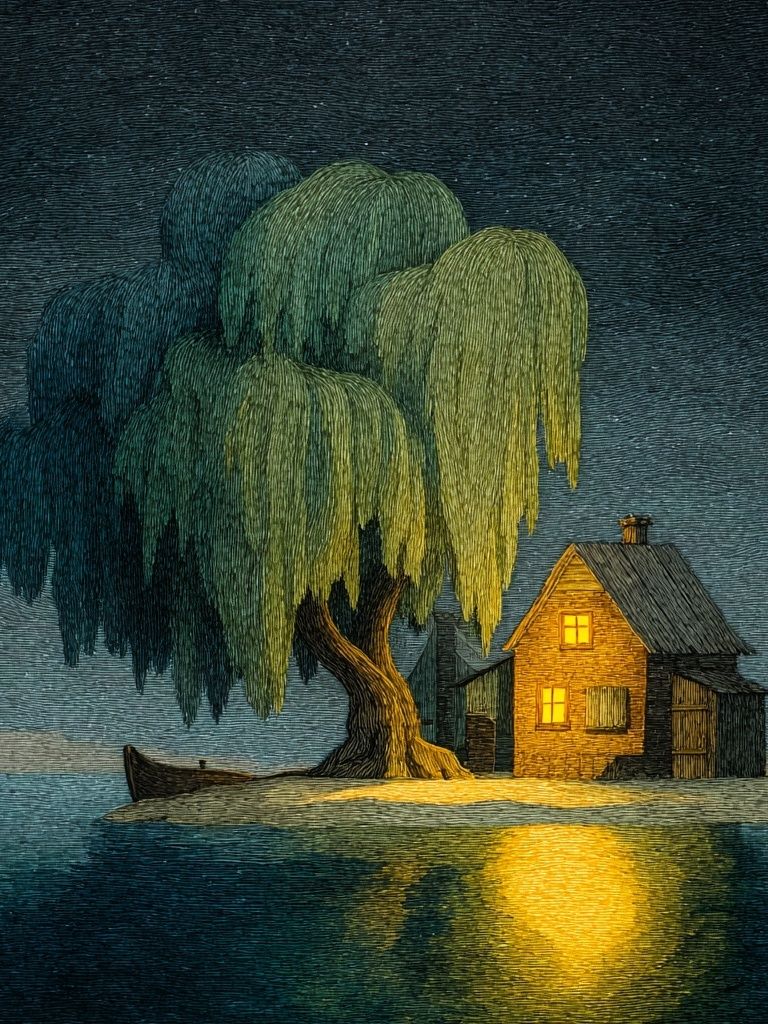 Moonlit Island Cottage Illustration Poster. poster detail