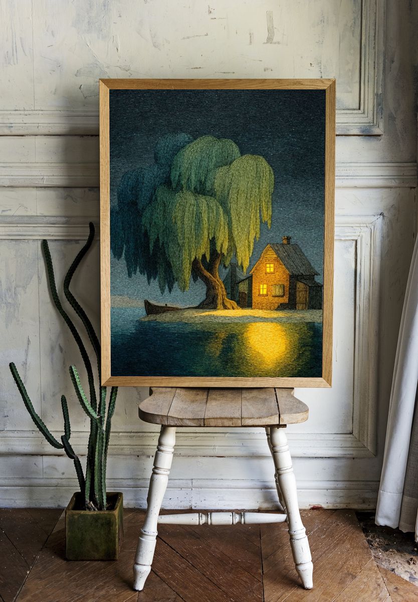 Moonlit Island Cottage Illustration Poster room preview