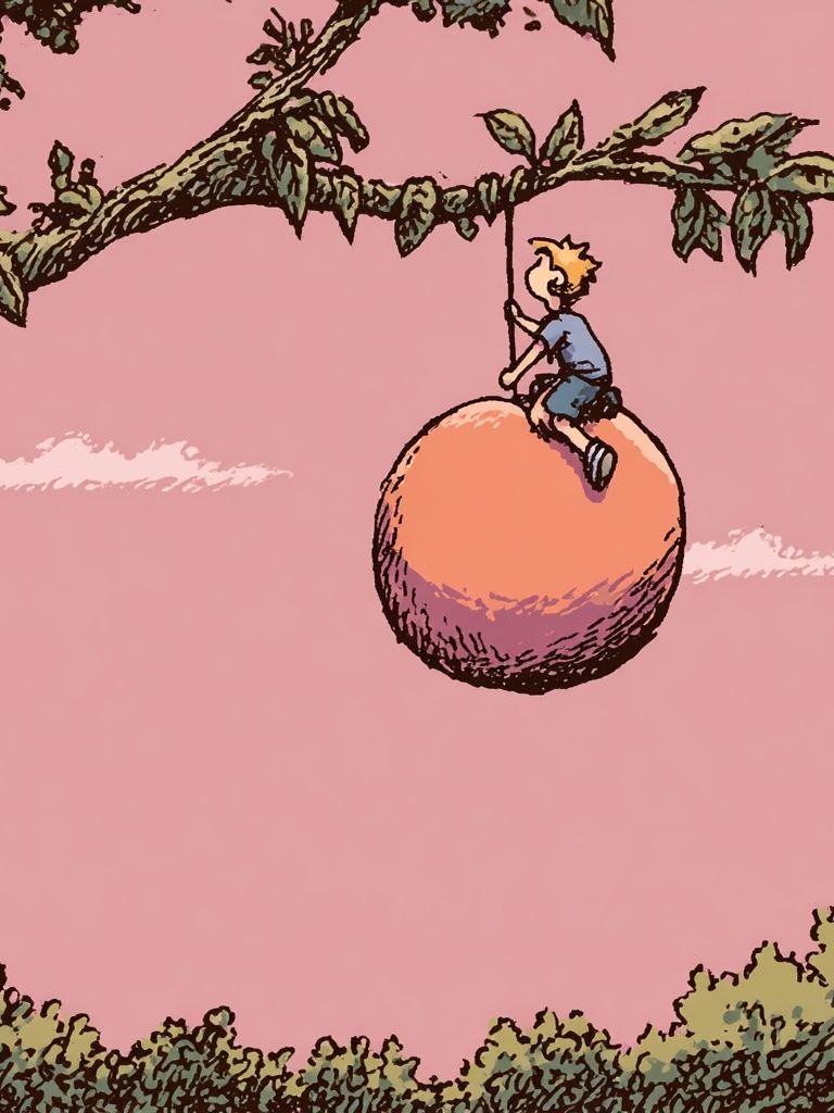 Boy on Peach Tree Illustration Poster. poster — illustration art