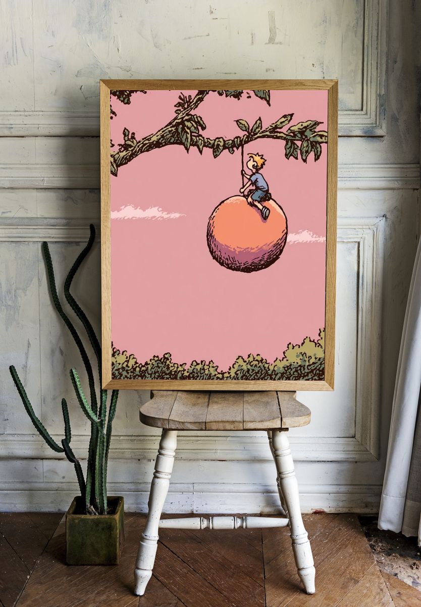 Boy on Peach Tree Illustration Poster room preview