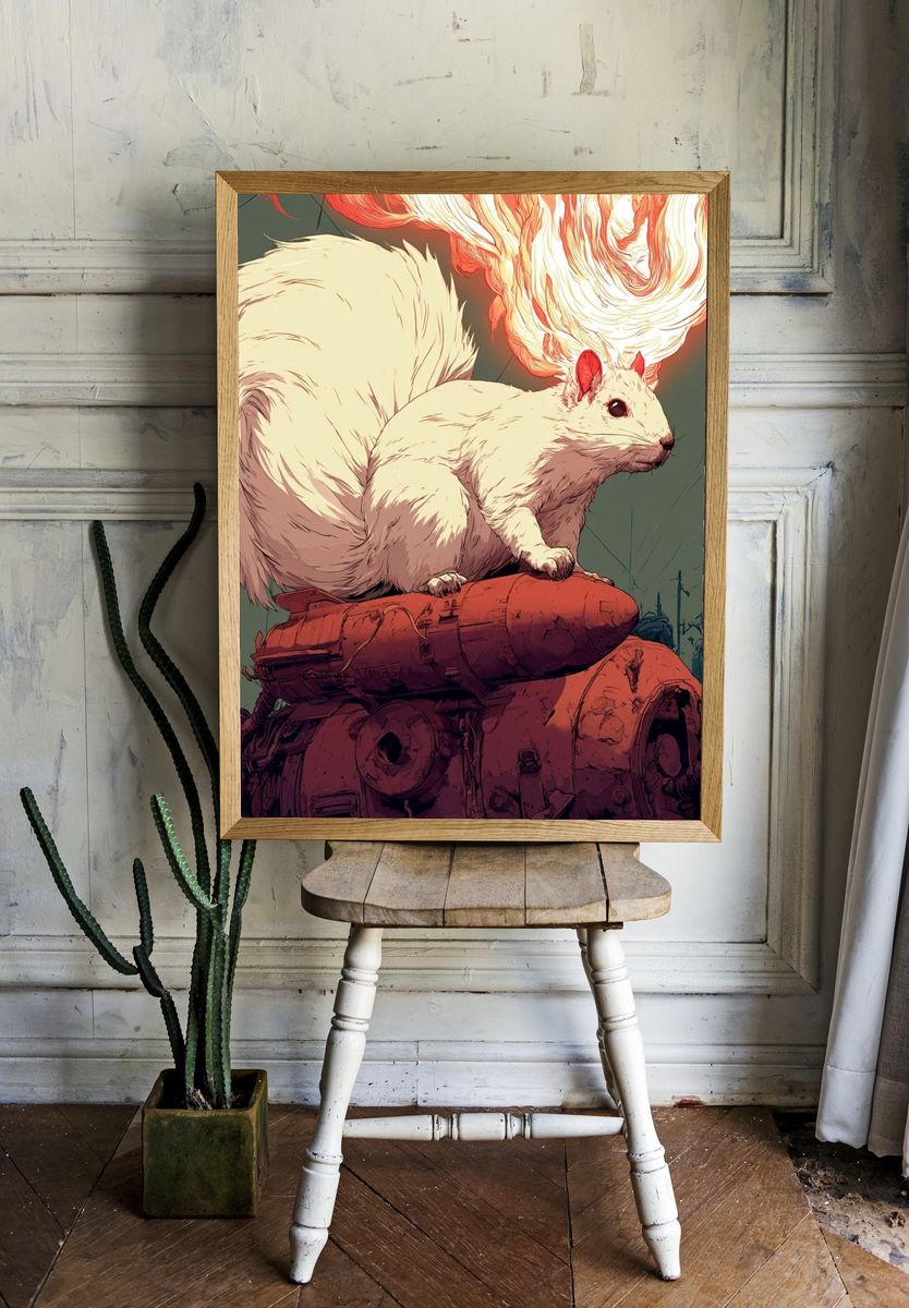 Flaming White Squirrel Digital Art Poster. — room view 1