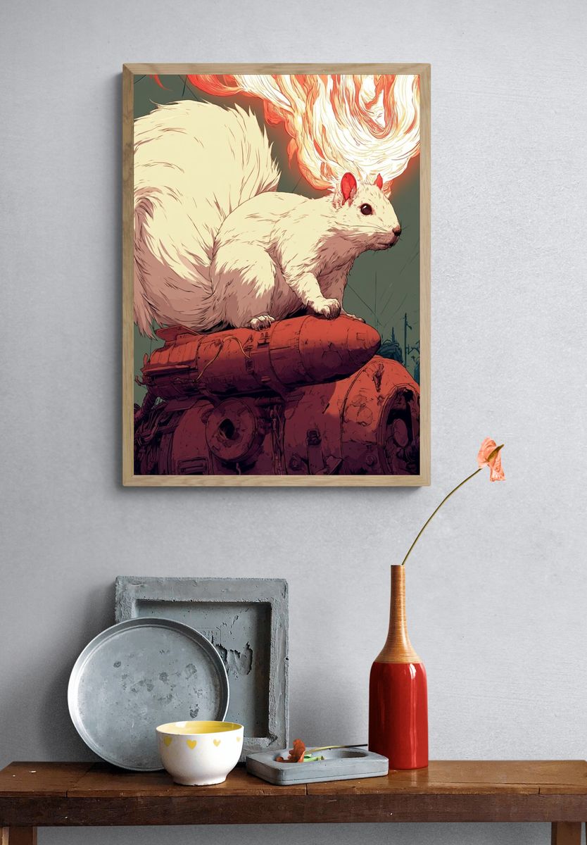 Flaming White Squirrel Digital Art Poster. — room view 3