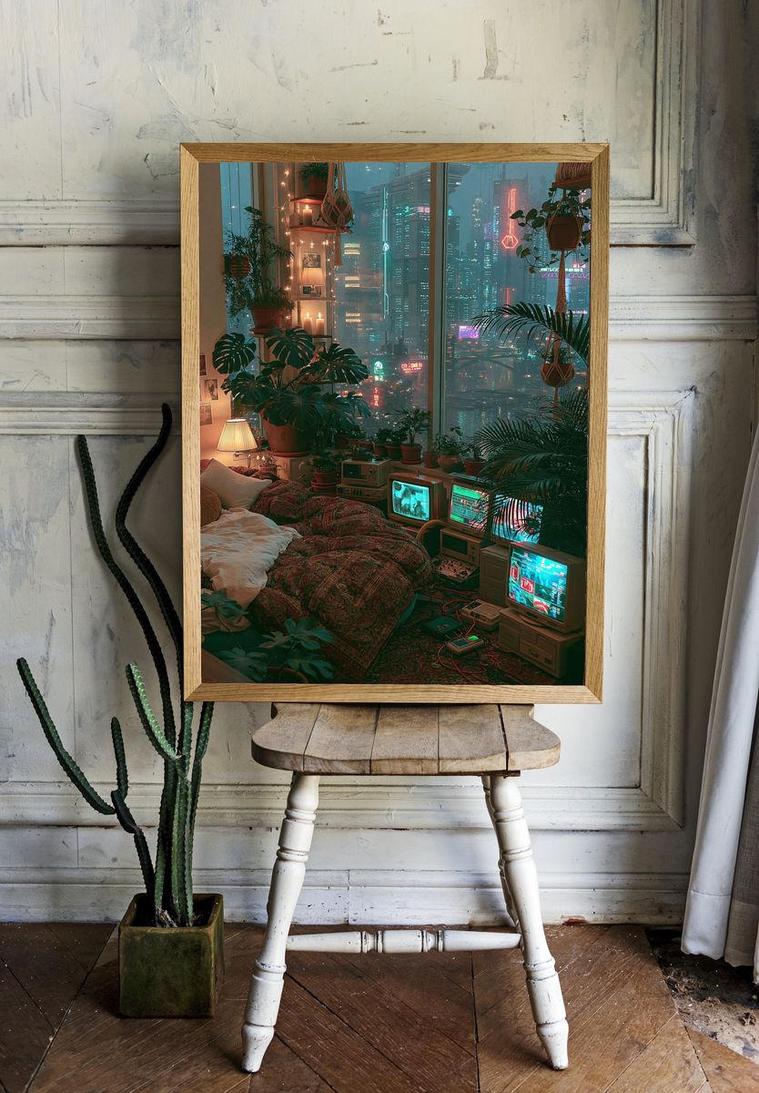 Cyberpunk City Bedroom Poster. — room view 1