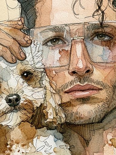 Man and Dog Watercolor Portrait Print. poster — illustration art