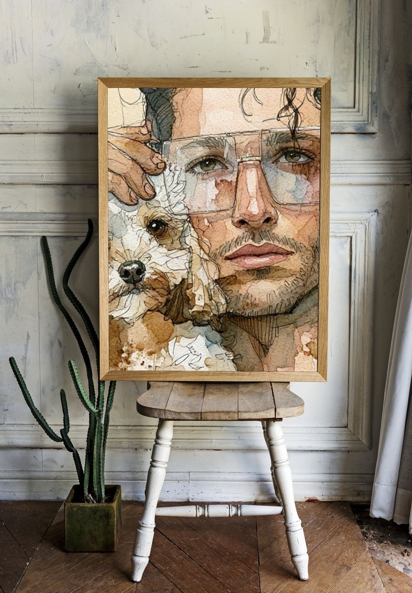 Man and Dog Watercolor Portrait Print. — room view 1