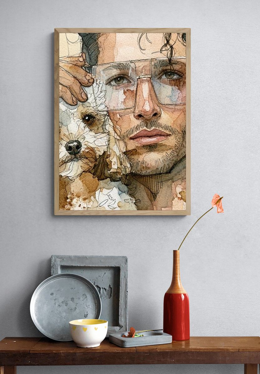 Man and Dog Watercolor Portrait Print. — room view 3