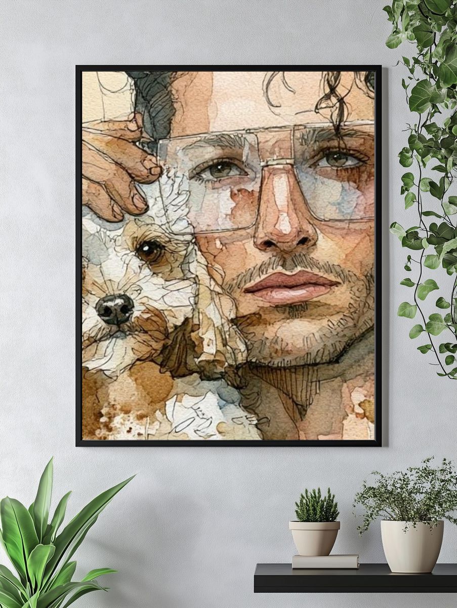 Man and Dog Watercolor Portrait Print. — room view 4