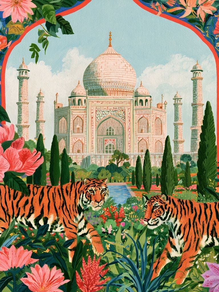 Taj Mahal Tigers Illustration Poster. poster detail