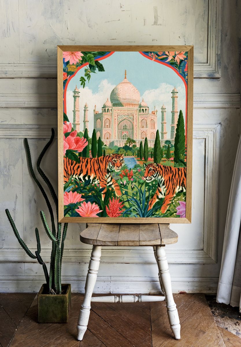 Taj Mahal Tigers Illustration Poster. room preview