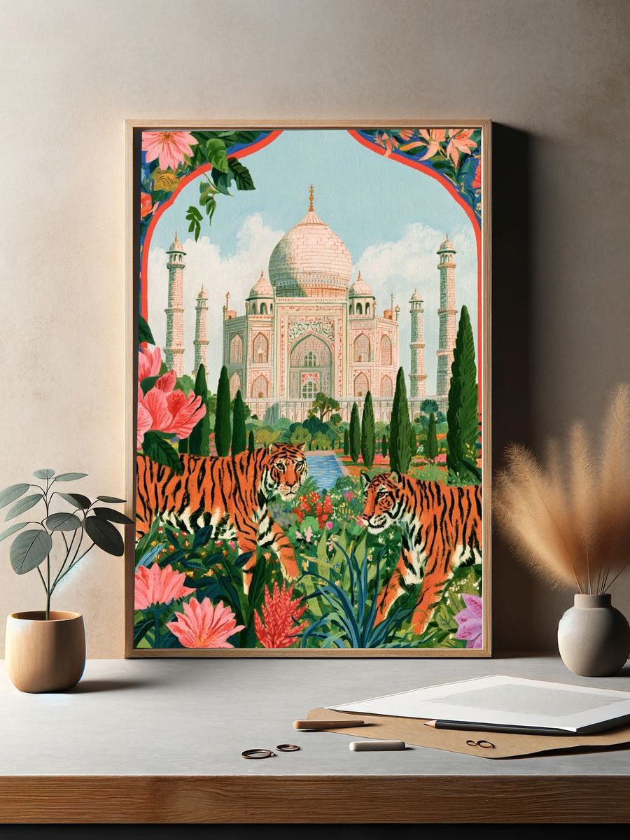 Taj Mahal Tigers Illustration Poster. — room view 2