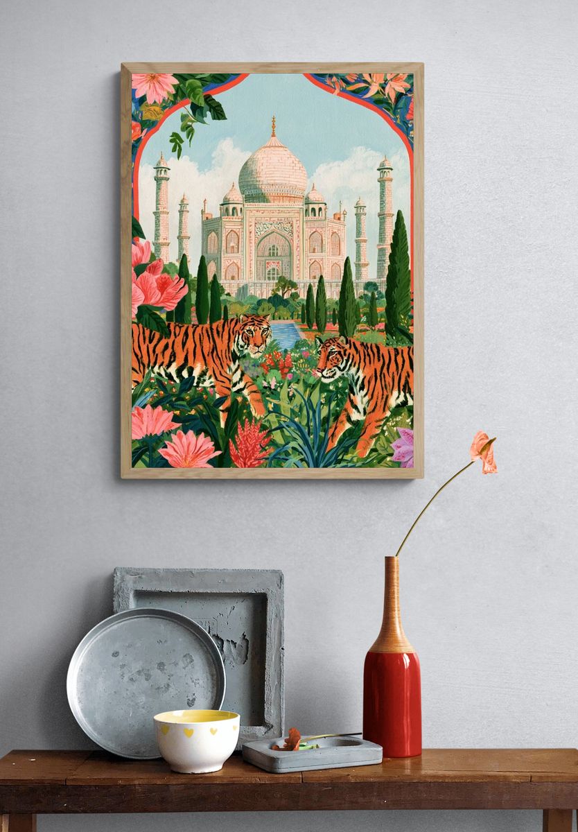 Taj Mahal Tigers Illustration Poster. — room view 3