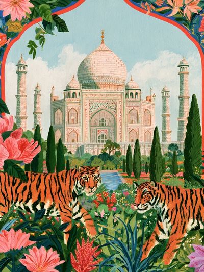 Taj Mahal Tigers Illustration Poster.