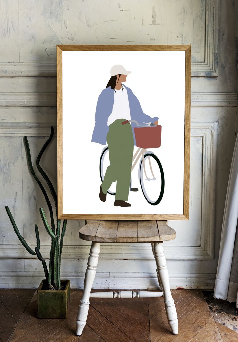 Woman with Bicycle Illustration Poster. — room view 1