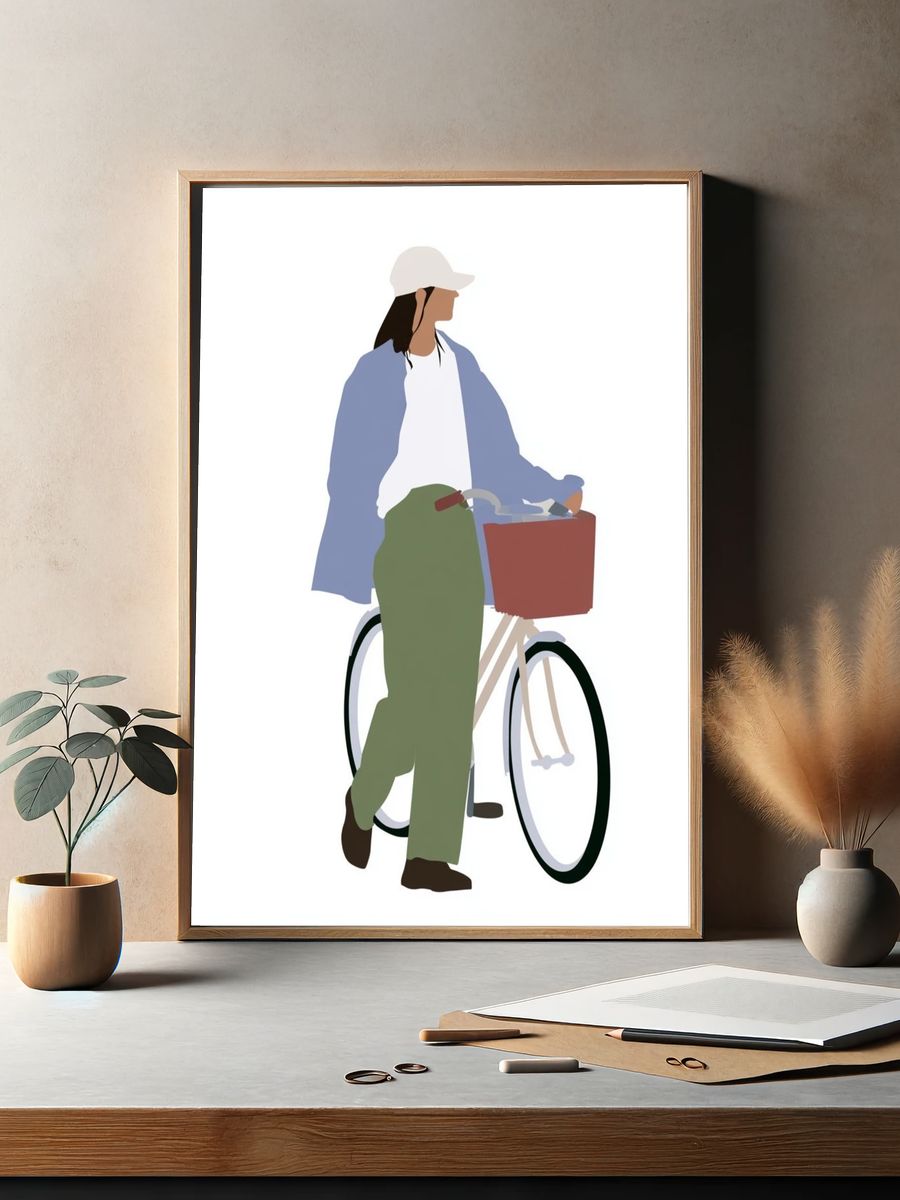 Woman with Bicycle Illustration Poster. — room view 2
