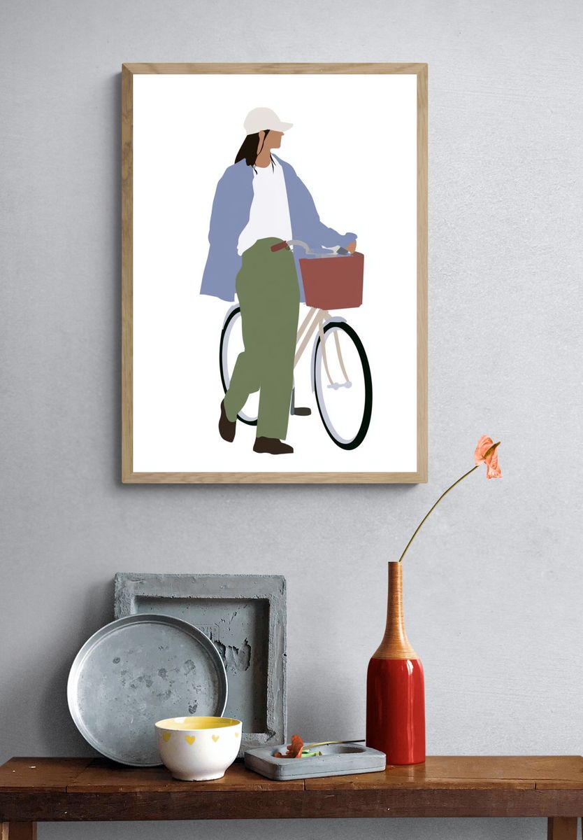 Woman with Bicycle Illustration Poster. — room view 3