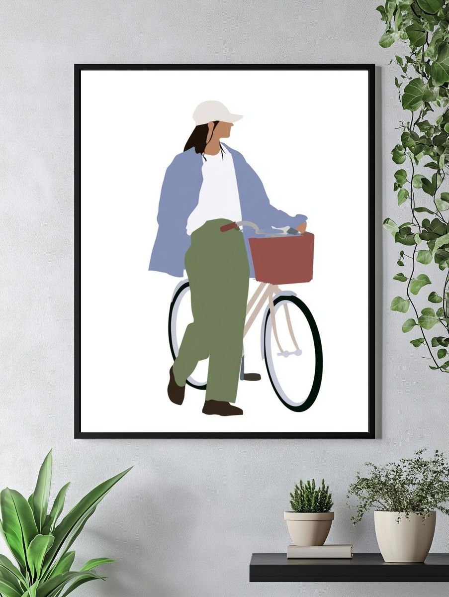 Woman with Bicycle Illustration Poster. — room view 4