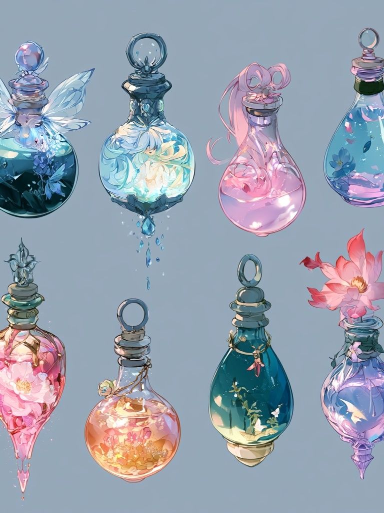 Enchanted Glass Bottles Illustration Print. poster detail