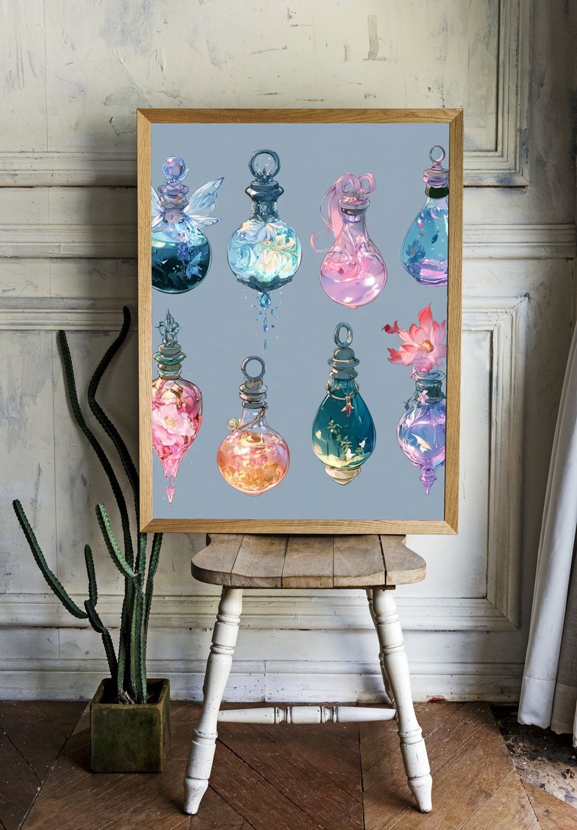 Enchanted Glass Bottles Illustration Print. — room view 1