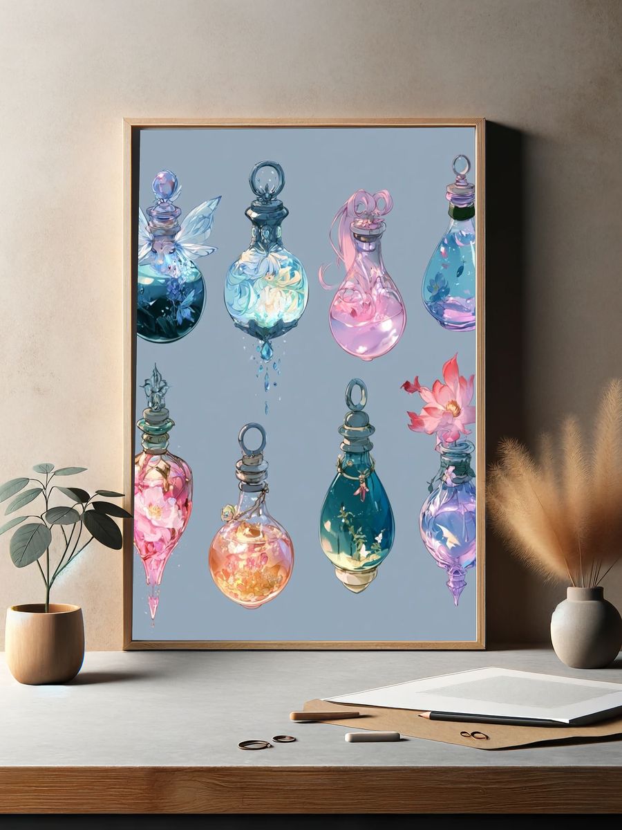 Enchanted Glass Bottles Illustration Print. — room view 2
